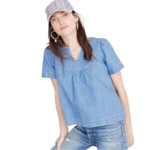 Madewell Denim and Linen Blend Popover Swing Top Short Sleeve